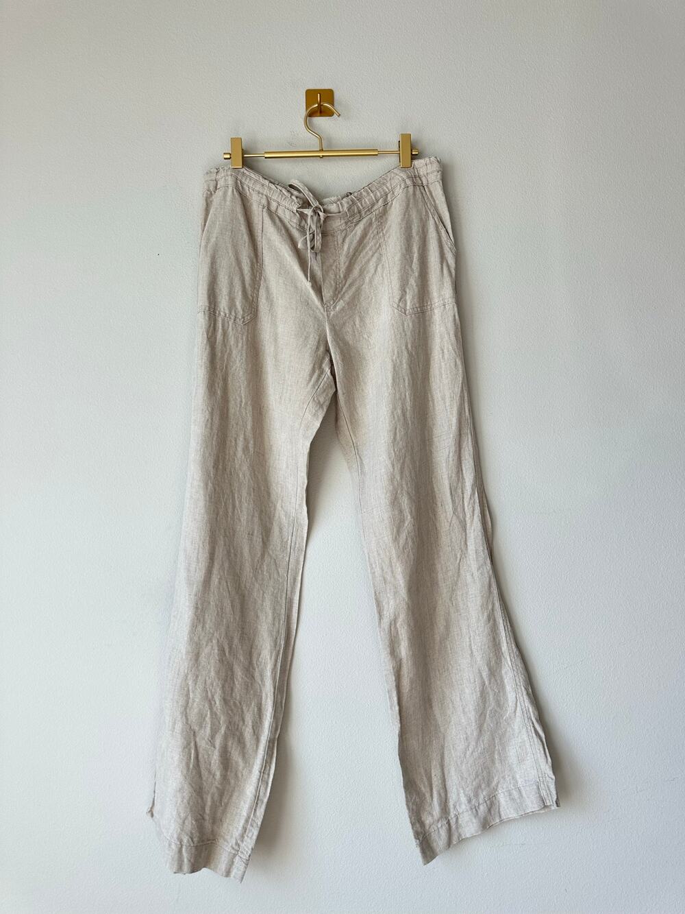 Allen Allen Linen Pants Natural Beige Drawstring Wide Leg Coastal Minimalist L